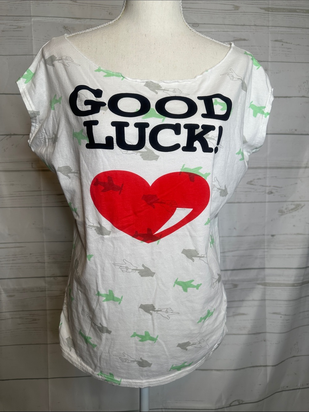 POL Good Luck! Graphic Heart Tee - White, Red, Black, Green cL